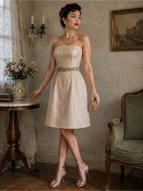 Vintage Strapless Gold Brocade Cocktail Dress